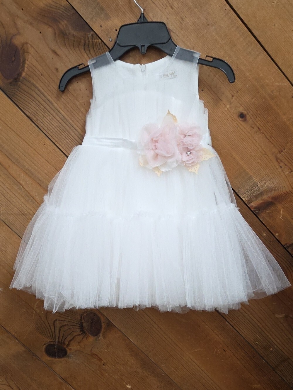 New Pariltim White Tulle Dress with Pink Floral Accent & Headband